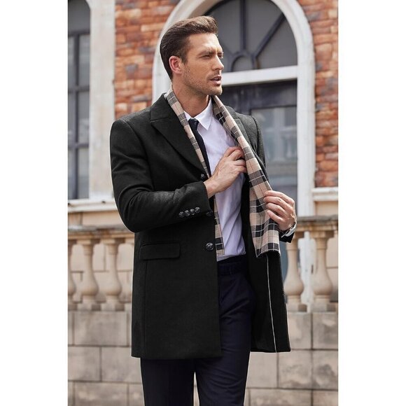 COOFANDY Men's Black Wool Blend Coat with Scarfs Notched Collar Pea Coat - Picture 3 of 6